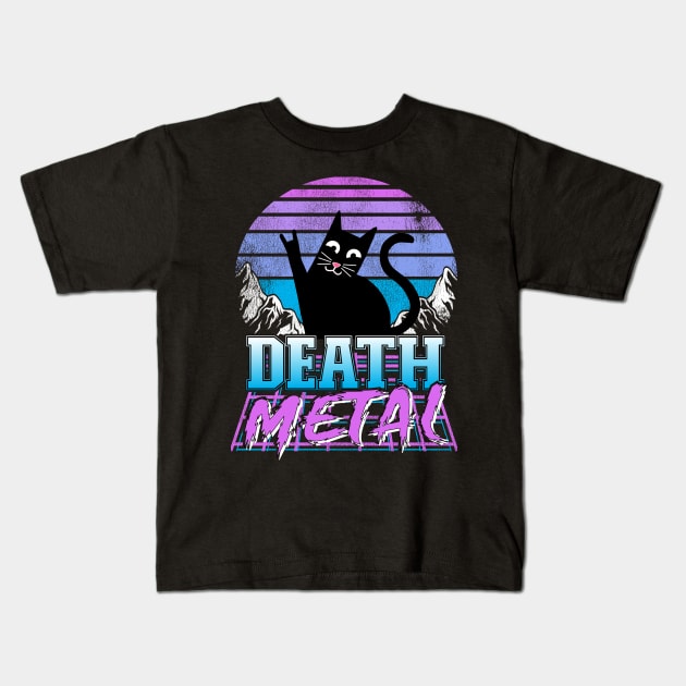 Death Metal Retro Sunset Cat Synthwave Heavy Metal Retrowave Kids T-Shirt by Kuehni